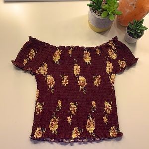 Dark Red Off Shoulder Shrilled Frill Top